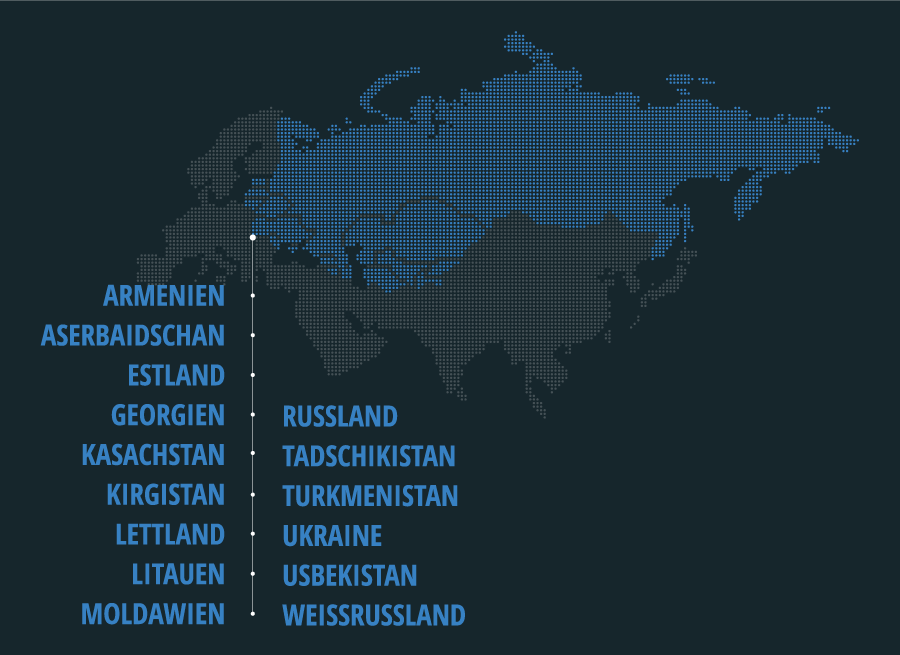 Armenien, Aserbaidschan, Estland, Georgien, Kasachstan, Kirgistan, Lettland, Litauen, Moldawien, Russland, Tadschikistan, Turkmenistan, Ukraine, Usbekistan, Weißrussland